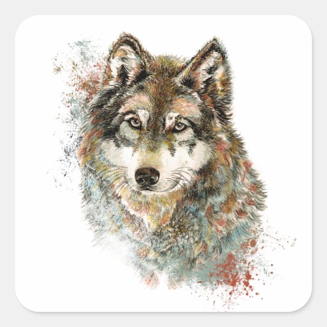 Watercolor Grey Wolf Wildlife Animal Nature Art Square Sticker (Front)