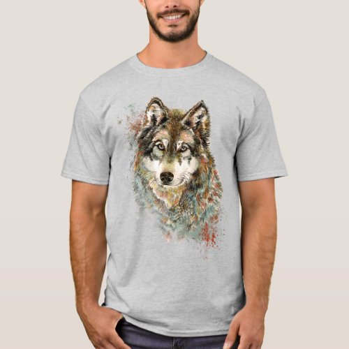 Watercolor Grey Wolf Wildlife Animal Nature Art T_Shirt