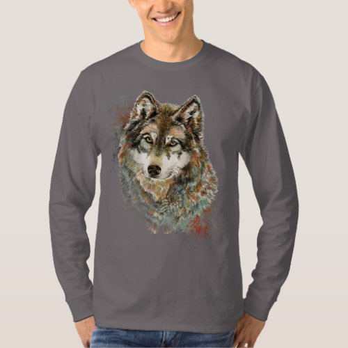 Watercolor Grey Wolf Wildlife Animal Nature Art T_Shirt