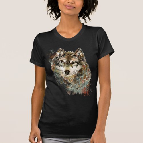 Watercolor Grey Wolf Wildlife Animal Nature Art  T_Shirt