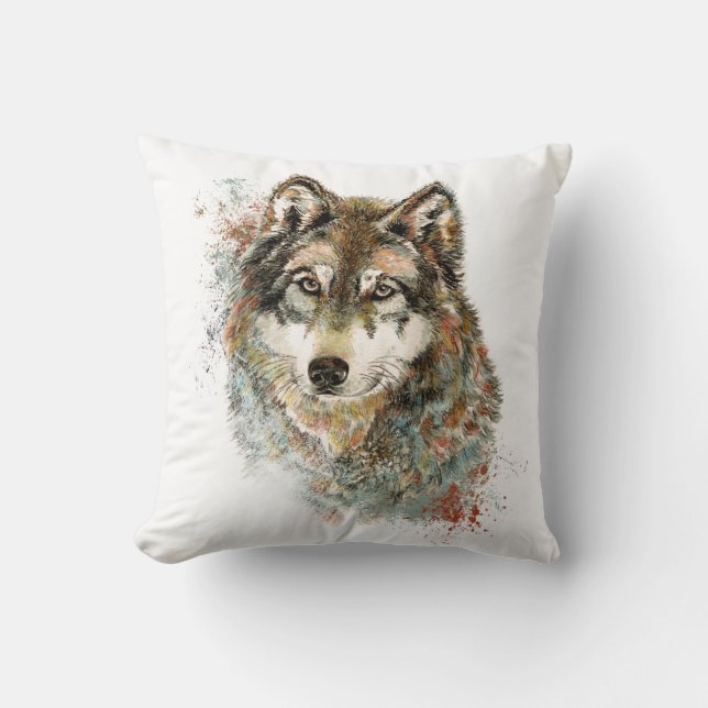 Watercolor Grey Wolf Wildlife Animal Nature Art Throw Pillow (Front)