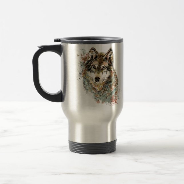 Watercolor Grey Wolf Wildlife Animal Nature Art Travel Mug (Left)