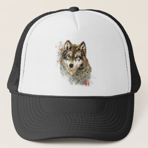 Watercolor Grey Wolf Wildlife Animal Nature Art Trucker Hat