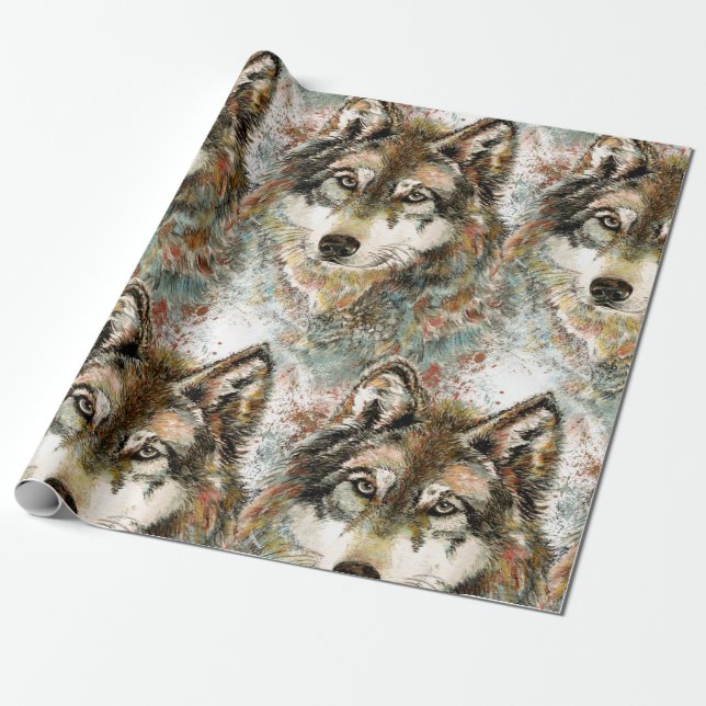 Watercolor Grey Wolf Wildlife Animal Nature Art Wrapping Paper (Unrolled)