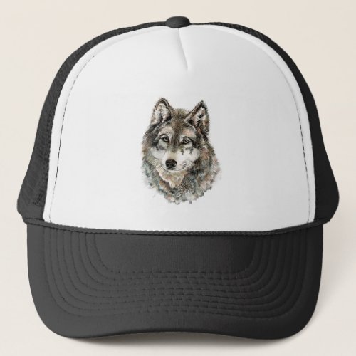 Watercolor Grey Wolf Wolves Wildlife Nature Art Trucker Hat