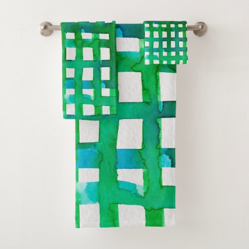 Watercolor grid  green bath towel set