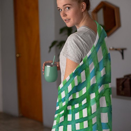 Watercolor grid  green fleece blanket