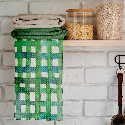 Watercolor grid  green kitchen towel