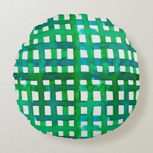 Watercolor grid â green round pillow