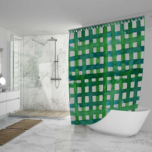 Watercolor grid  green shower curtain