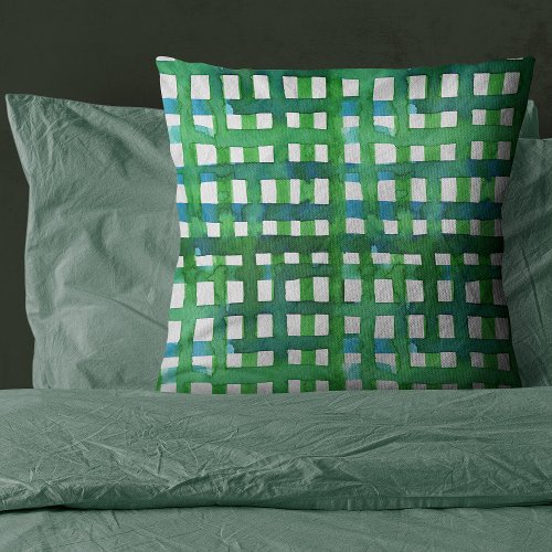 Watercolor grid  green throw pillow