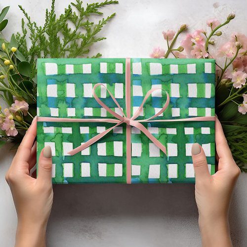 Watercolor grid  green wrapping paper sheets