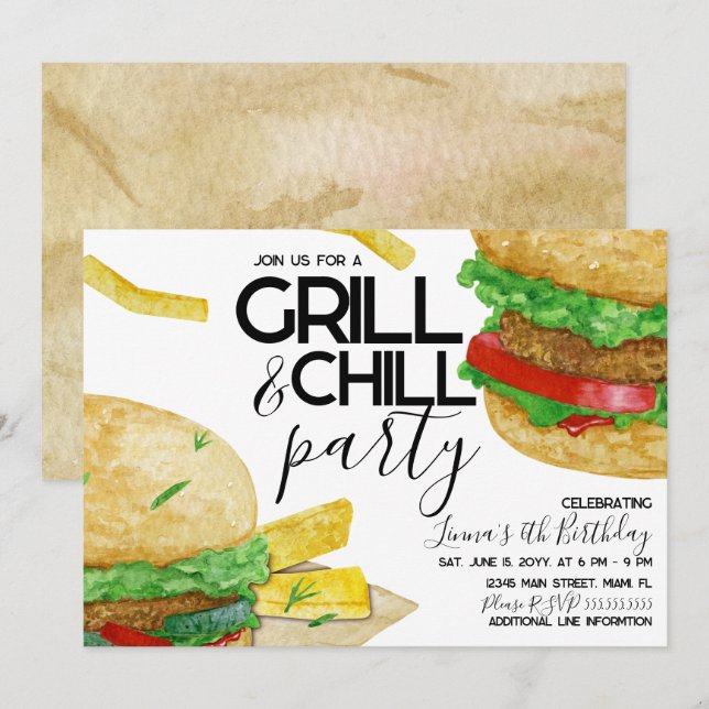 Watercolor Grilling Burger Fries Birthday Party  Invitation (Front/Back)