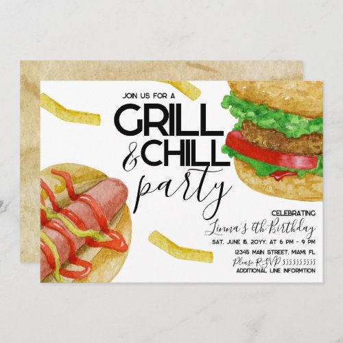 Watercolor Grilling Burger Fries Hot Dog Party  Invitation