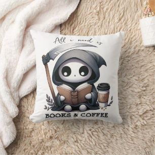 Watercolor Grim Reaper Book Lover Throw Pillow