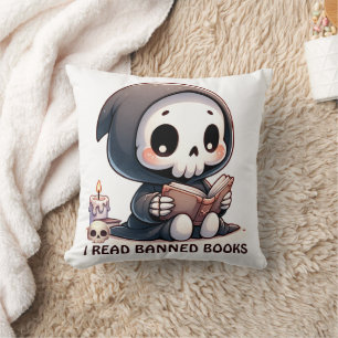 Watercolor Grim Reaper Book Lover Throw Pillow