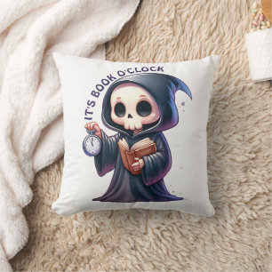 Watercolor Grim Reaper Book Lover Throw Pillow