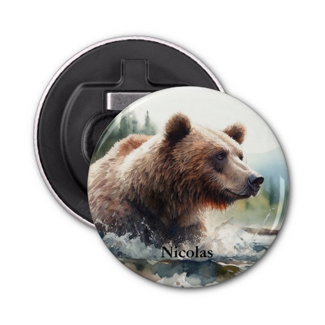 Watercolor Grizzly Bear Wildlife Nature Art Bottle Opener (Front)