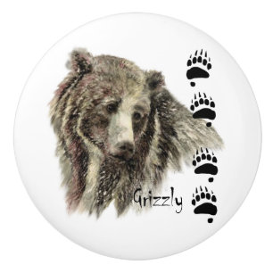 Watercolor Grizzly Bear Wildlife Nature Art Ceramic Knob