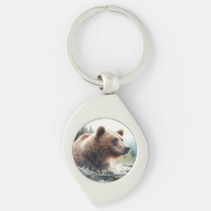 Watercolor Grizzly Bear Wildlife Nature Art Keychain