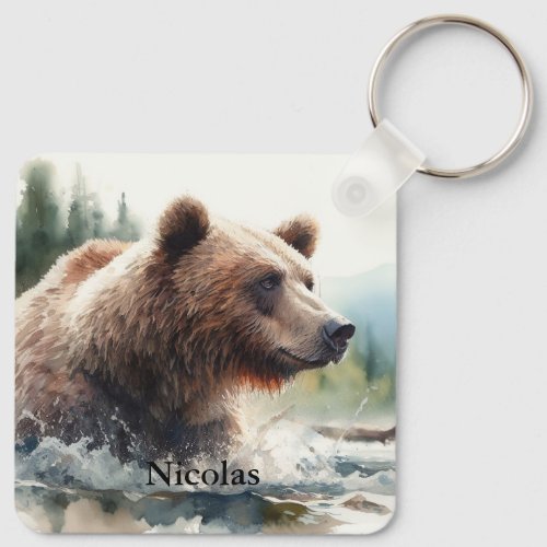 Watercolor Grizzly Bear Wildlife Nature Art Keychain