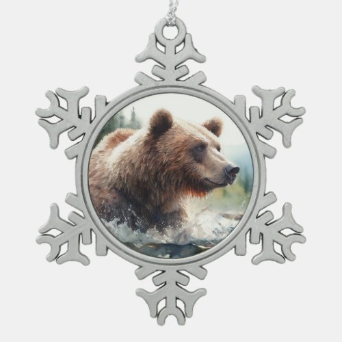 Watercolor Grizzly Bear Wildlife Nature Art Snowflake Pewter Christmas Ornament