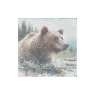 Watercolor Grizzly Bear Wildlife Nature Art Stone Magnet