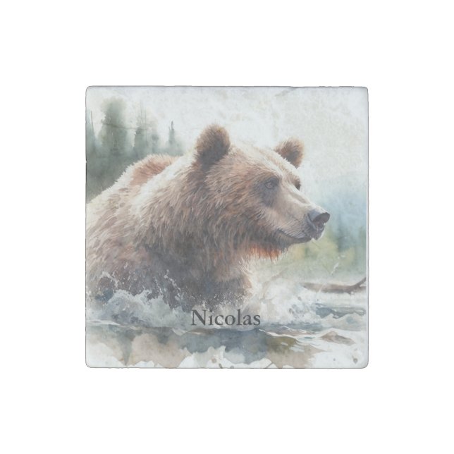 Watercolor Grizzly Bear Wildlife Nature Art Stone Magnet (Front)