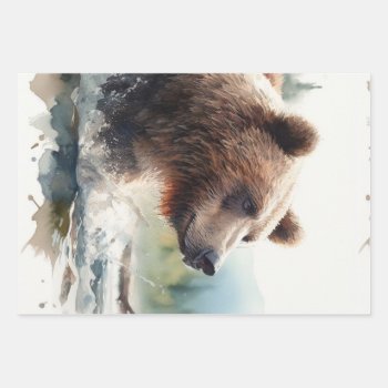 Watercolor Grizzly Bear Wildlife Nature Art  Wrapping Paper Sheets by countrymousestudio at Zazzle