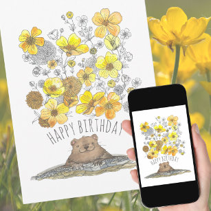 Watercolor Groundhog and Buttercups Happy Birthday Card