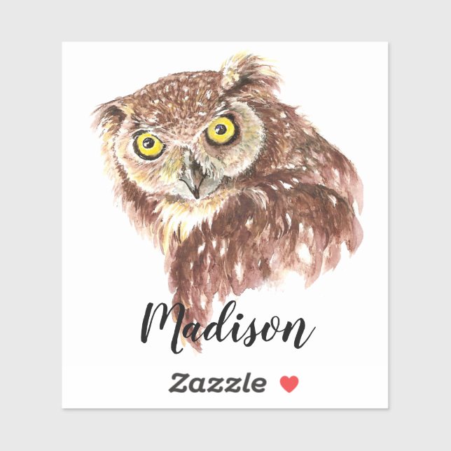 Watercolor Grumpy Owl Animal Nature Custom Name Sticker (Sheet)