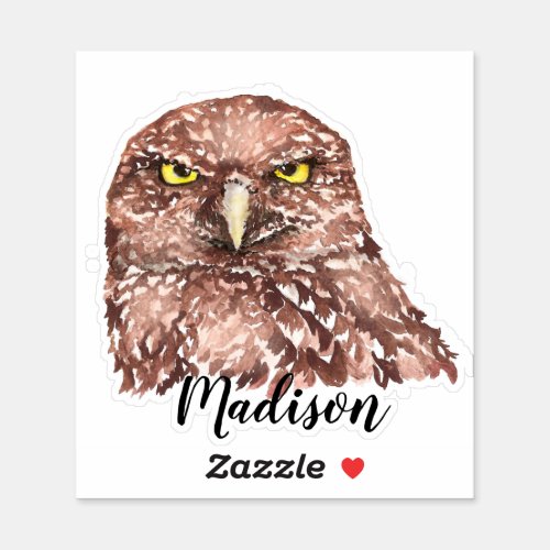 Watercolor Grumpy Owl Bird Animal Custom Name Sticker