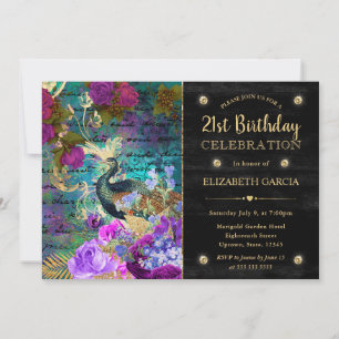 Watercolor Grunge Peacock and Flowers Birthday Invitation
