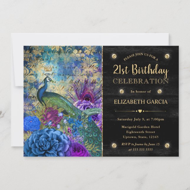 Watercolor Grunge Peacock and Flowers Birthday Invitation (Front)