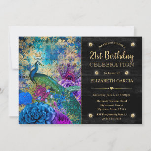 Watercolor Grunge Peacock and Flowers Birthday Invitation