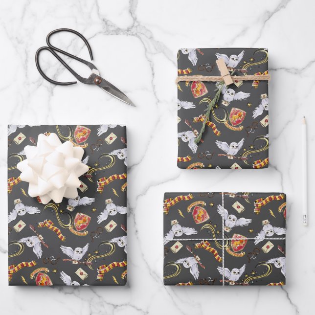 Watercolor GRYFFINDOR™ Hedwig Pattern Wrapping Paper Sheets (Front)