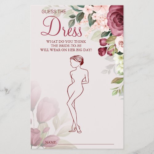 Watercolor Guess the Dress Bridal shower game card Flyer