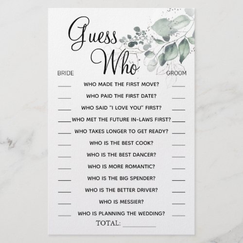 Watercolor  Guess Who Bridal shower game card Flyer