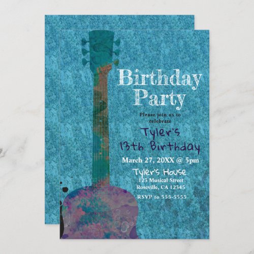 Watercolor Guitar Blue Musical Birthday Party Invitation