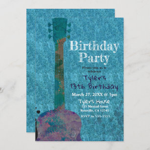 Watercolor Guitar Blue Musical Birthday Party Invitation