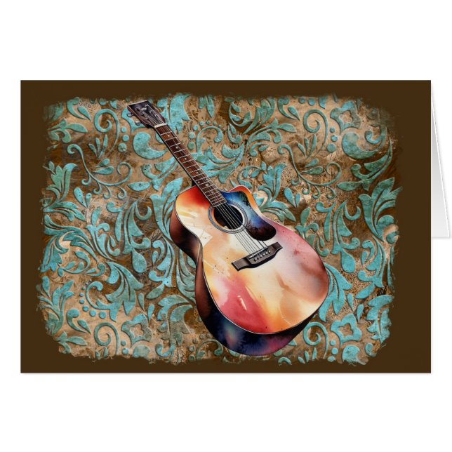 Watercolor Guitar Fancy Background Greeting Card (Front Horizontal)
