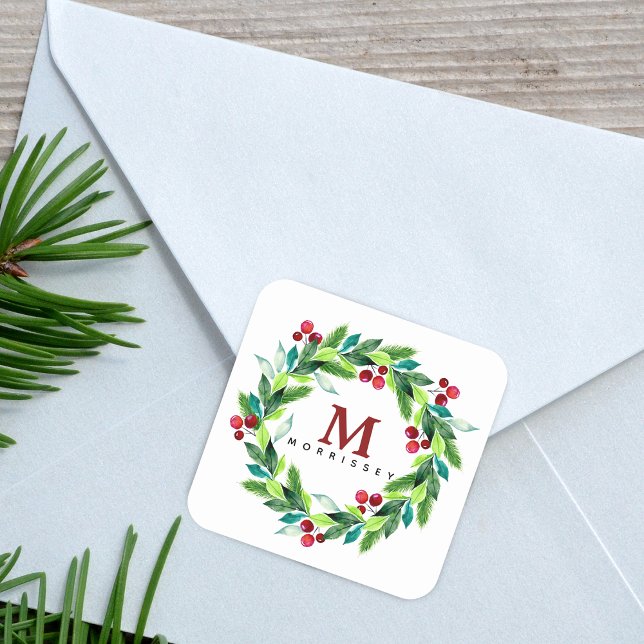 Watercolor Hallie and Berries Wreath Monogram Square Sticker (Watercolor Berries and Hollies Wreath Monogram Square Sticker)