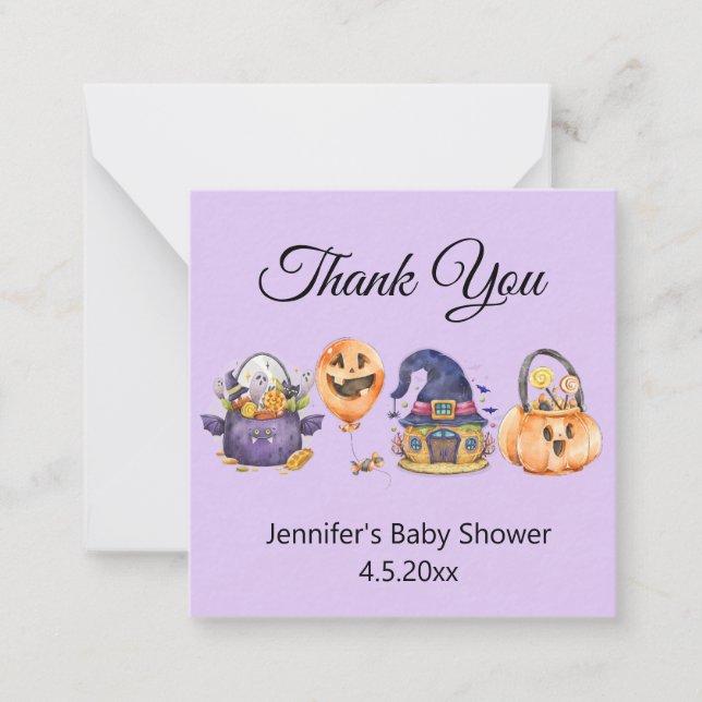  watercolor halloween baby shower thank you purple note card (Front)