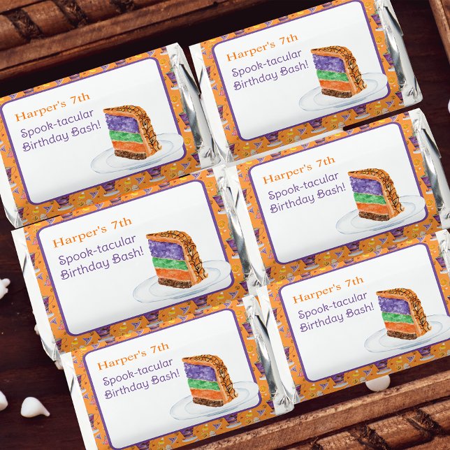 Watercolor Halloween Birthday Cake Name Hershey's Miniatures (Personalize your Halloween Birthday Card candy wrapper for an extra special party favor. )