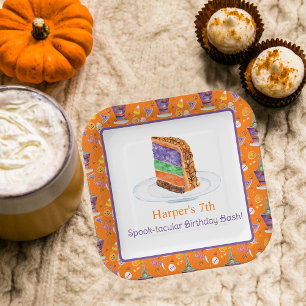 Watercolor Halloween Birthday Cake Thank You Paper Plates