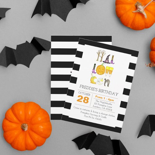 Watercolor Halloween Black and White Birthday Invitation