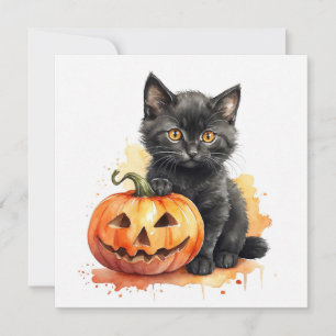 Watercolor Halloween Black Kitten and Pumpkin  Holiday Card
