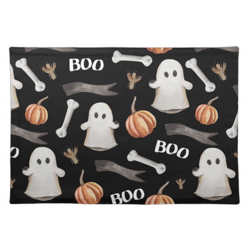 Watercolor Halloween Boo Ghost and Pumpkins Black  Cloth Placemat