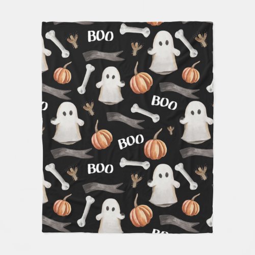 Watercolor Halloween Boo Ghost and Pumpkins Black  Fleece Blanket