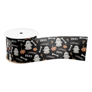 Watercolor Halloween Boo Ghost and Pumpkins Black Satin Ribbon